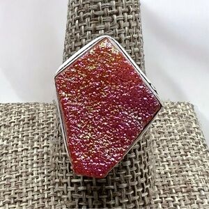 New Pink and Yellow Titanium Druzy Crystal Stone Silver Overlay Ring Size 10